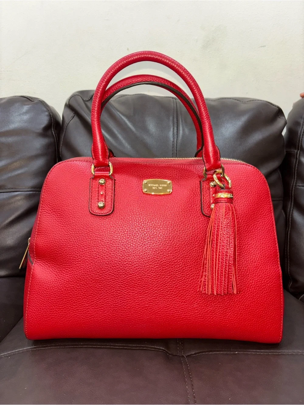 NWT Michael Kors Red Sandrine Pebbled Leather Satchel Handbag with Tassel $398